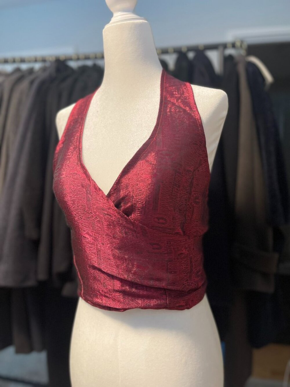 Burgundy Metallic Jacquard Halter Wrap Top Open Back Tie Crop Top